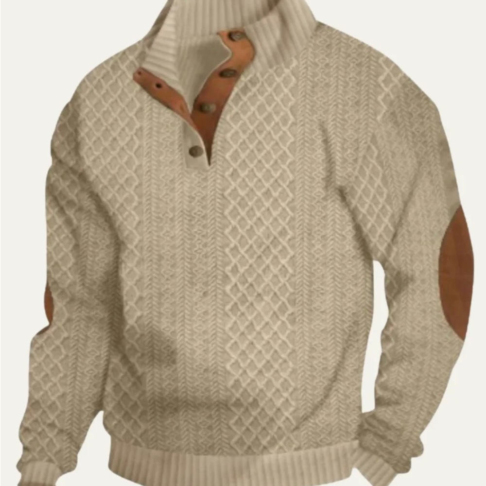 Men's Beige Cable Knit Sweater with Brown Accents